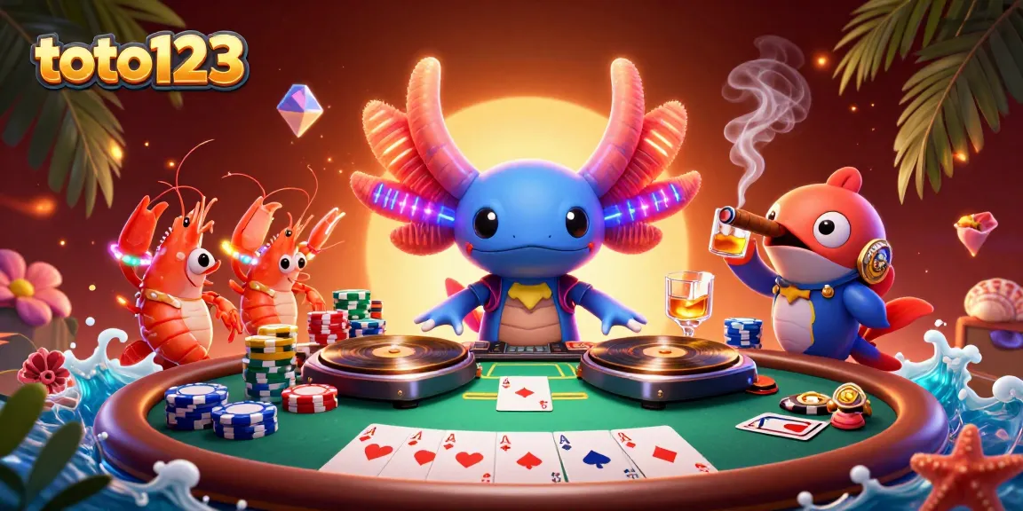 Experience the thrill of toto123 as vibrant axolotl DJs and glow stick shrimp entertain at a lively casino scene.