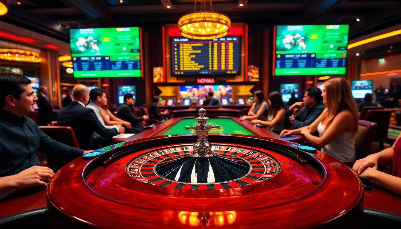 Engaged players enjoying Nova88 live casino with a vibrant gaming table and roulette wheel.