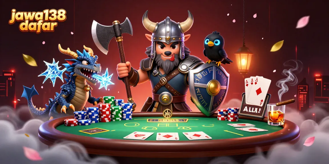 Gambarlah "jawa138 daftar" sambil bermain poker di meja yang dipenuhi chip dan kartu.