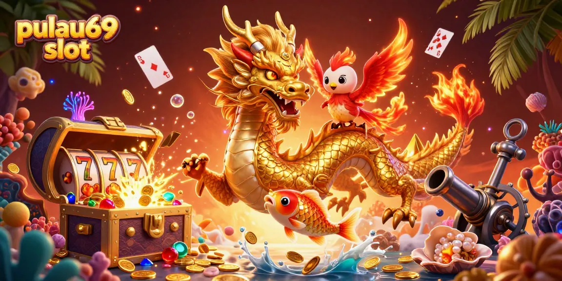 Experience excitement with pulau69 slot in a vivid casino-themed 3D illustration full of action.