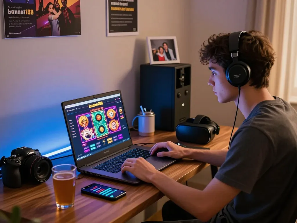 Pemain yang terlibat menjelajahi permainan slot online laoban188 di pengaturan laptop yang modern