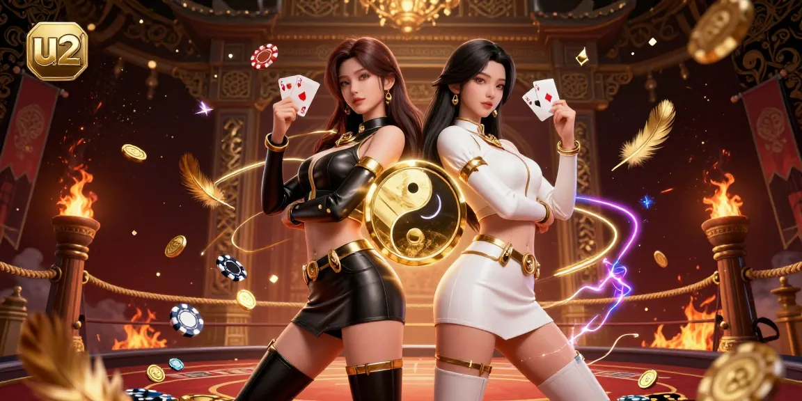 U2 Casino features twin Asian women with playing cards in a vibrant casino scene.