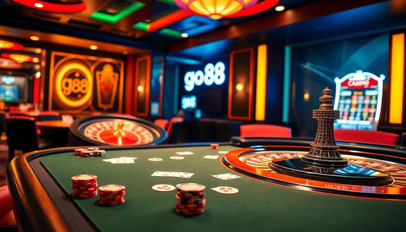 Experience thrilling games at go88's luxurious casino with vibrant tables, chips, and an exciting roulette wheel.