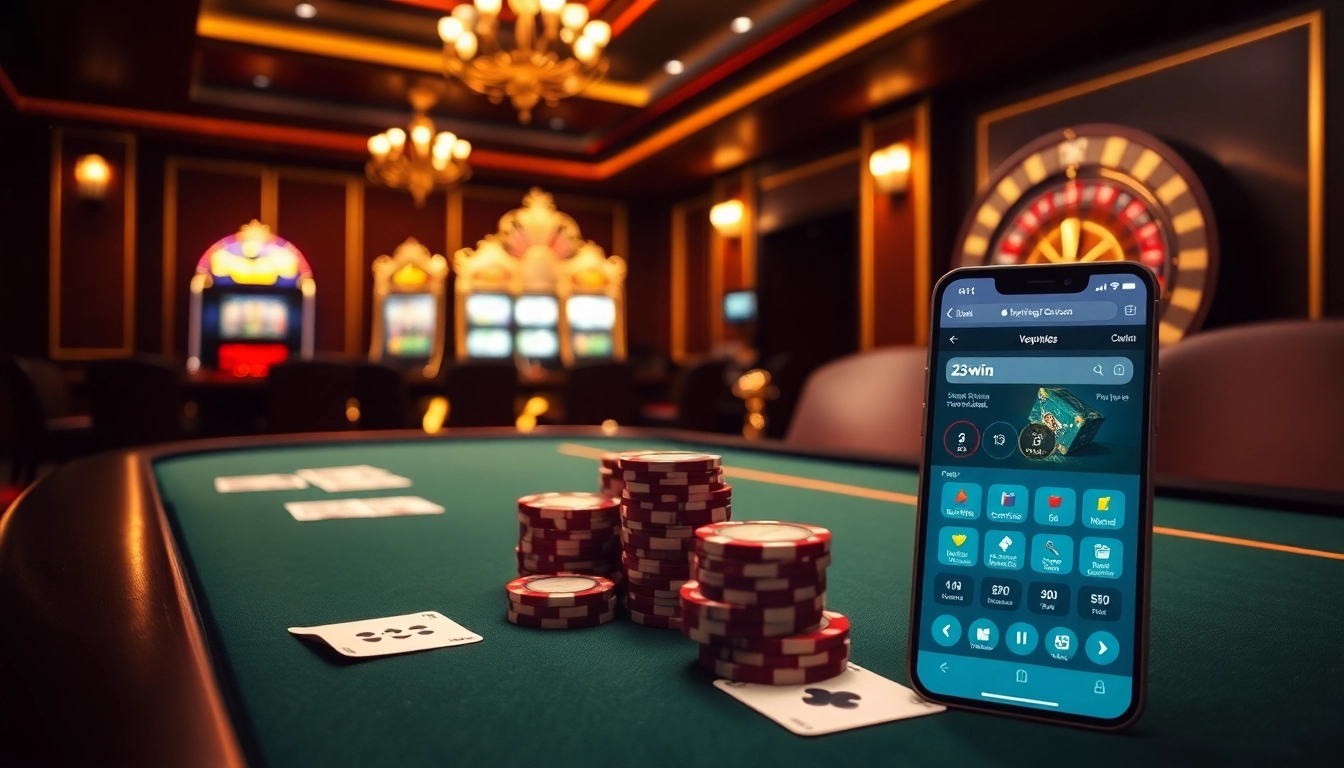 Experience the excitement of the 23win app at a luxurious casino table with poker chips and cards.