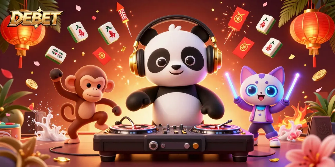 Experience vibrant gaming fun with DEBET's rich casino-themed 3D illustration featuring lively characters.