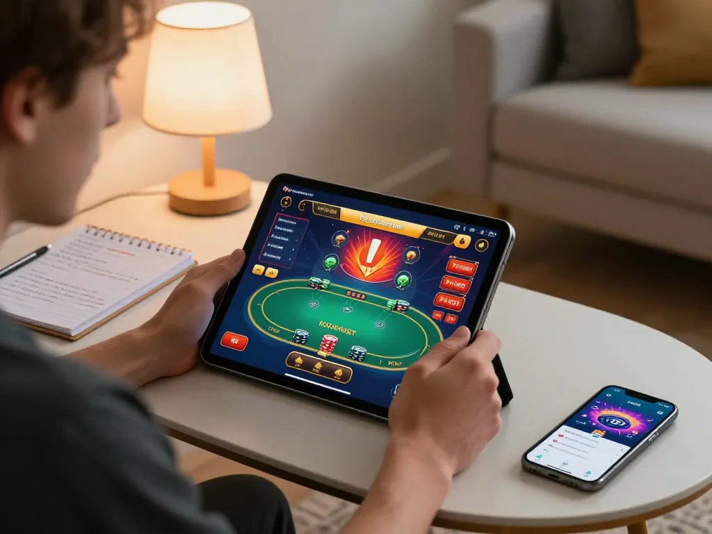 Player enjoying live casino action on PH365 app using a tablet in modern home setting.
