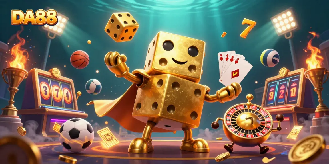 DA88 showcases a dynamic 3D illustration with casino elements, highlighting gaming excitement and strategy.
