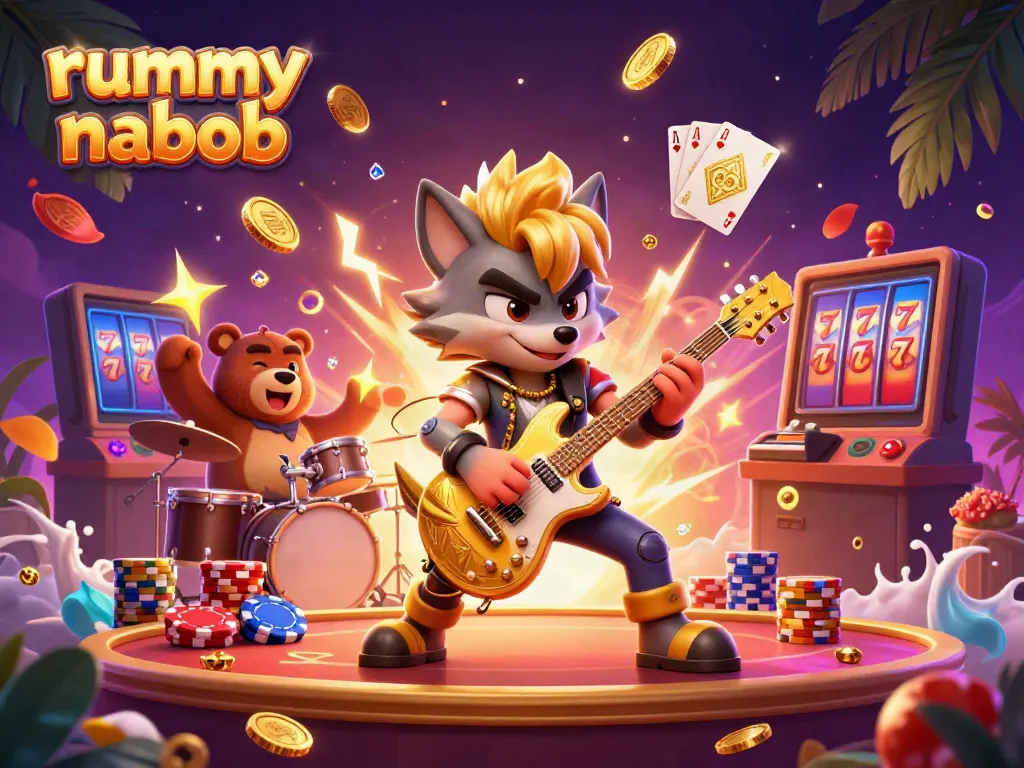 Rummy Nabob menghadirkan keseruan permainan rummy dengan karakter unik dalam ilustrasi 3D.