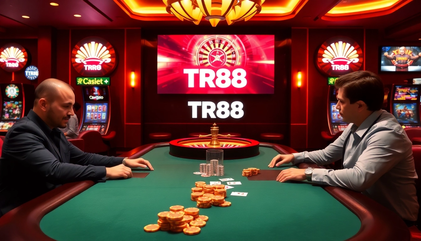 Players at a TR88 poker table showcasing excitement and luxury in a high-stakes casino environment.
