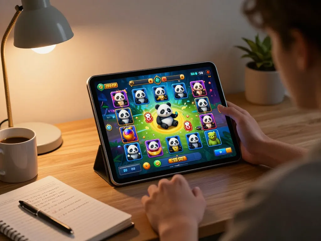 Pengalaman bermain Panda Win ditampilkan di tablet dengan grafik yang cerah dalam suasana yang nyaman.