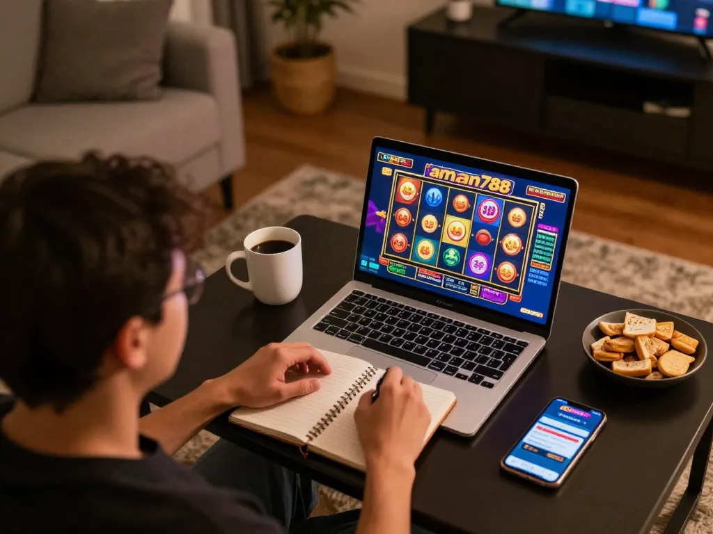 Bermain slot online aman788 di rumah, menampilkan pengaturan permainan yang nyaman dengan antarmuka permainan slot yang cerah
