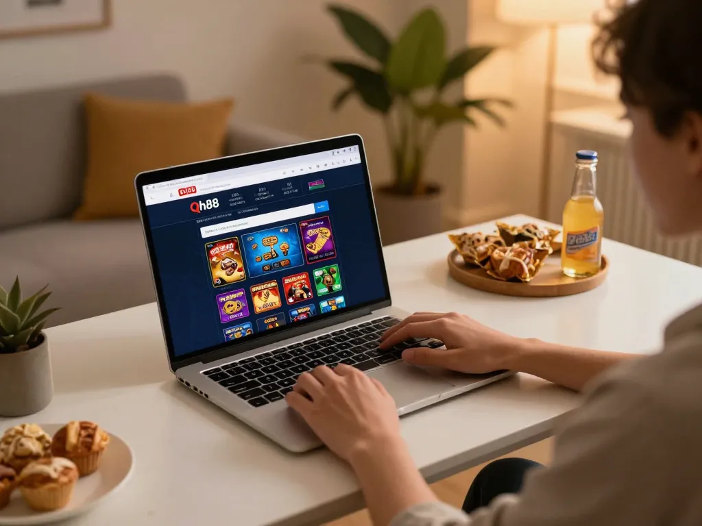 Using the Qh88 link for online casino gaming on a stylish desk with snacks and drinks.