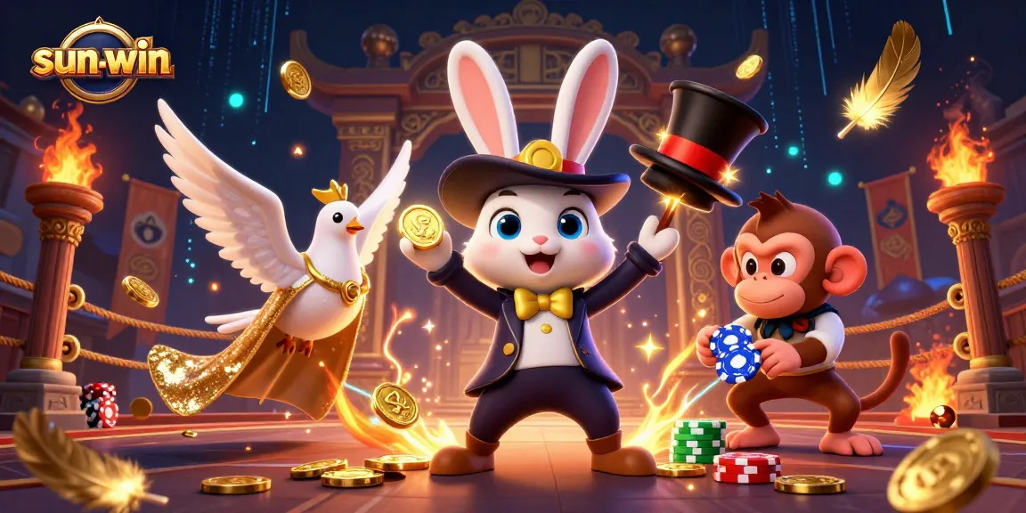 Engage with thrilling casino action at sun-win, where a magician rabbit conjures gold coins amid lively gaming elements.