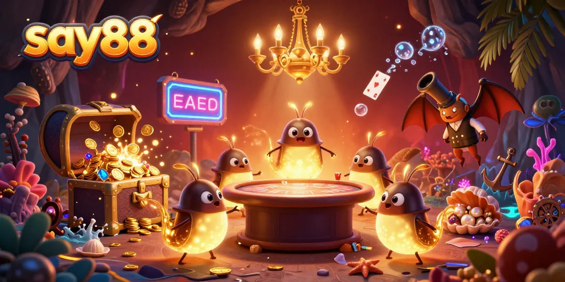 Join the excitement at say88 as glowworms illuminate a vibrant casino scene filled with treasures and games.