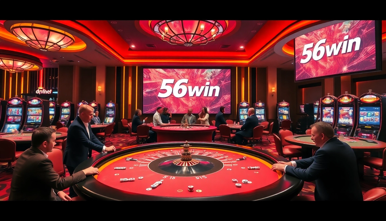 Exciting gaming scene at 56win casino, showcasing thrilling table games and digital gambling elements.