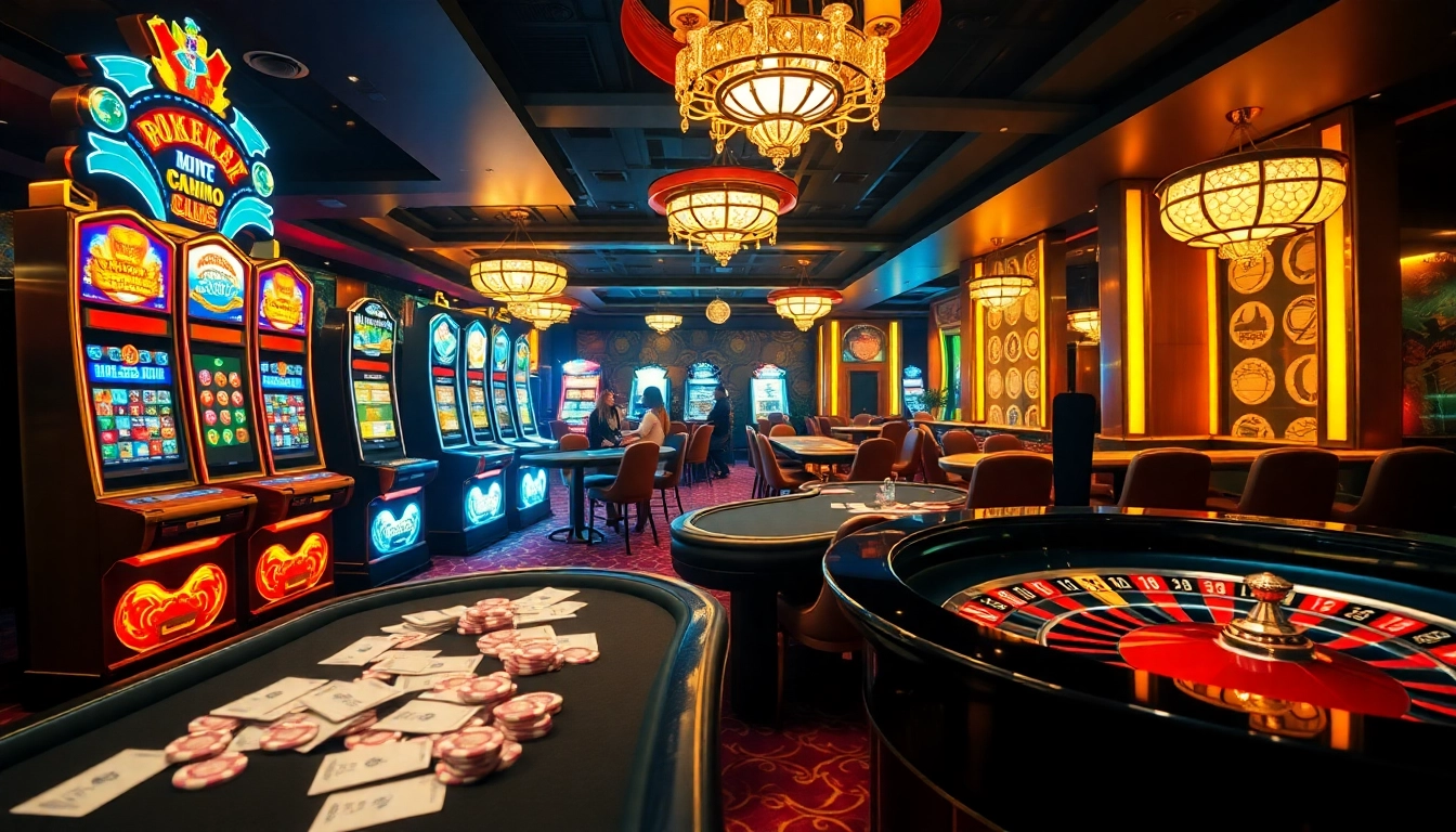 Players enjoying vibrant casino games at 188bet, surrounded by slot machines and poker tables.