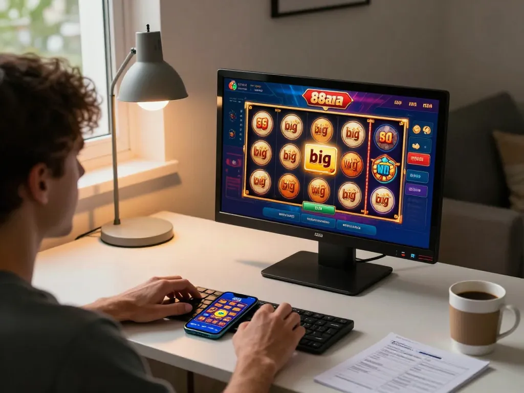 Player winning big on the 88aa online casino app, showcasing vibrant slot graphics on a stylish home setup.