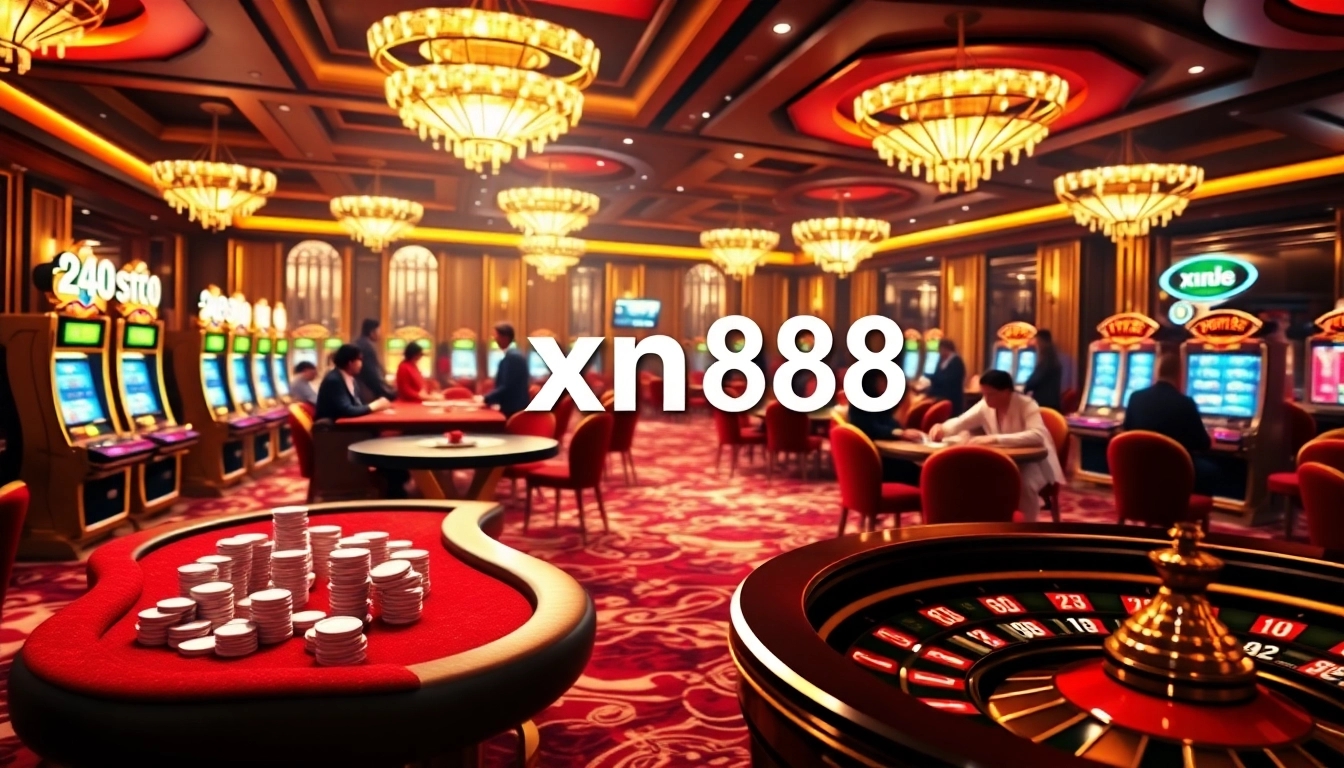 Exciting casino atmosphere showcasing the xn88 link on an interactive gambling interface with poker tables and slot machines.