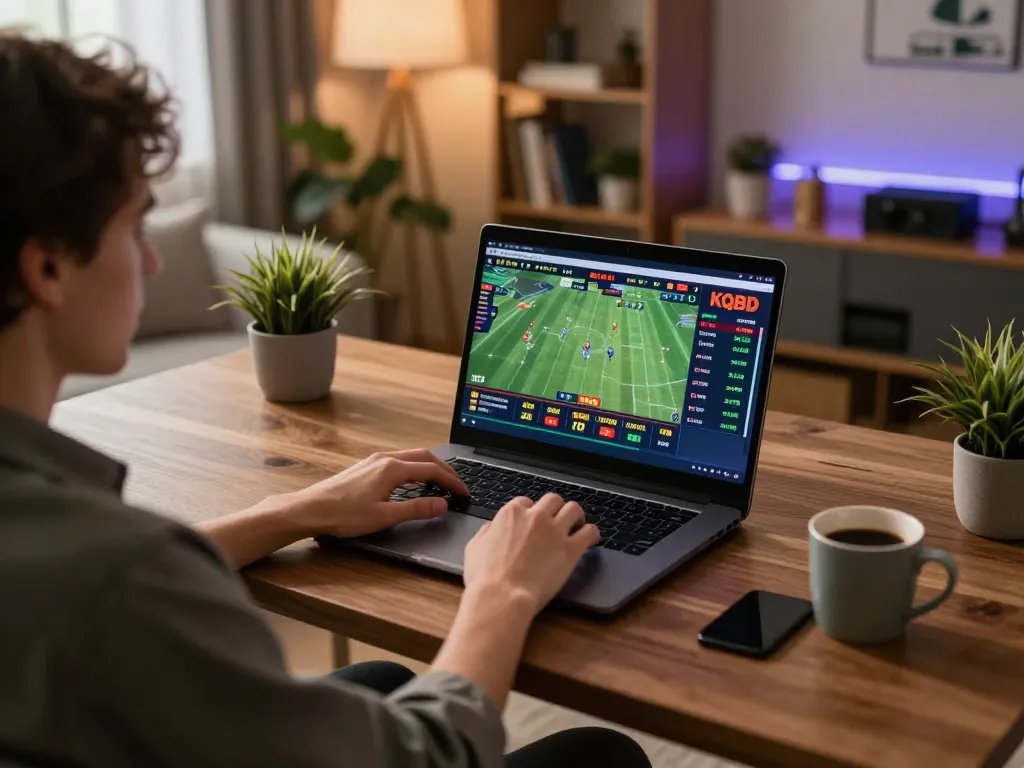 KQBD sports betting scene with a user placing bets online in a cozy home office.