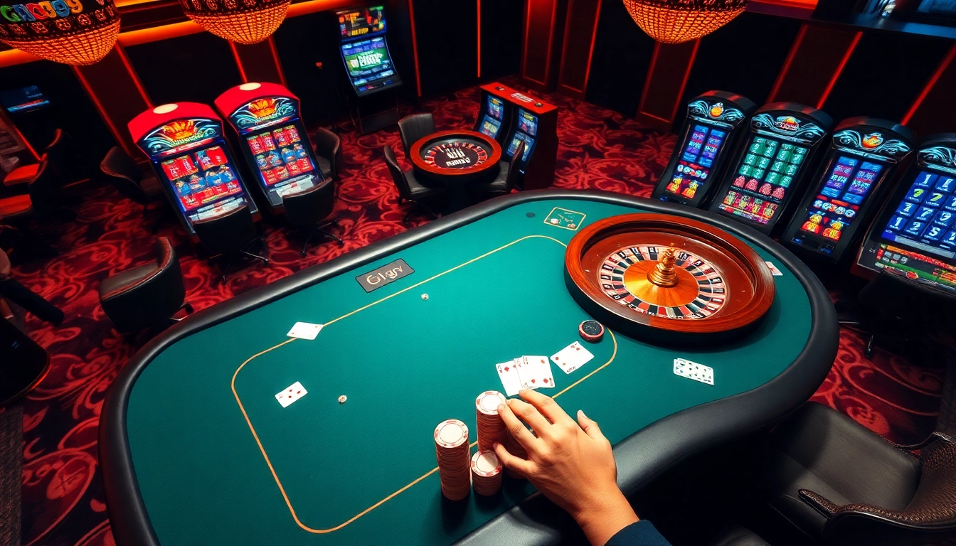 Adegan kasino Dewanaga89 yang menampilkan meja poker berwarna cerah dan roda roulette dengan para pemain yang terlibat.