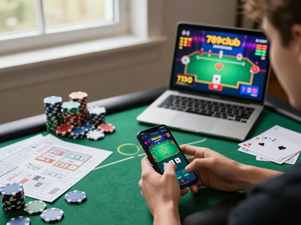 Player enjoying dynamic gaming experience with 789club app on smartphone and laptop, demonstrating strategic involvement.
