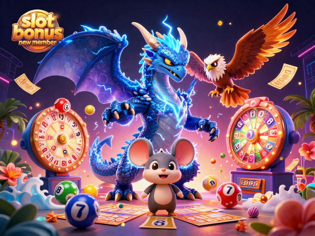 Engage with the slot bonus new member promotion, showcasing thrilling gaming elements and vibrant character action.