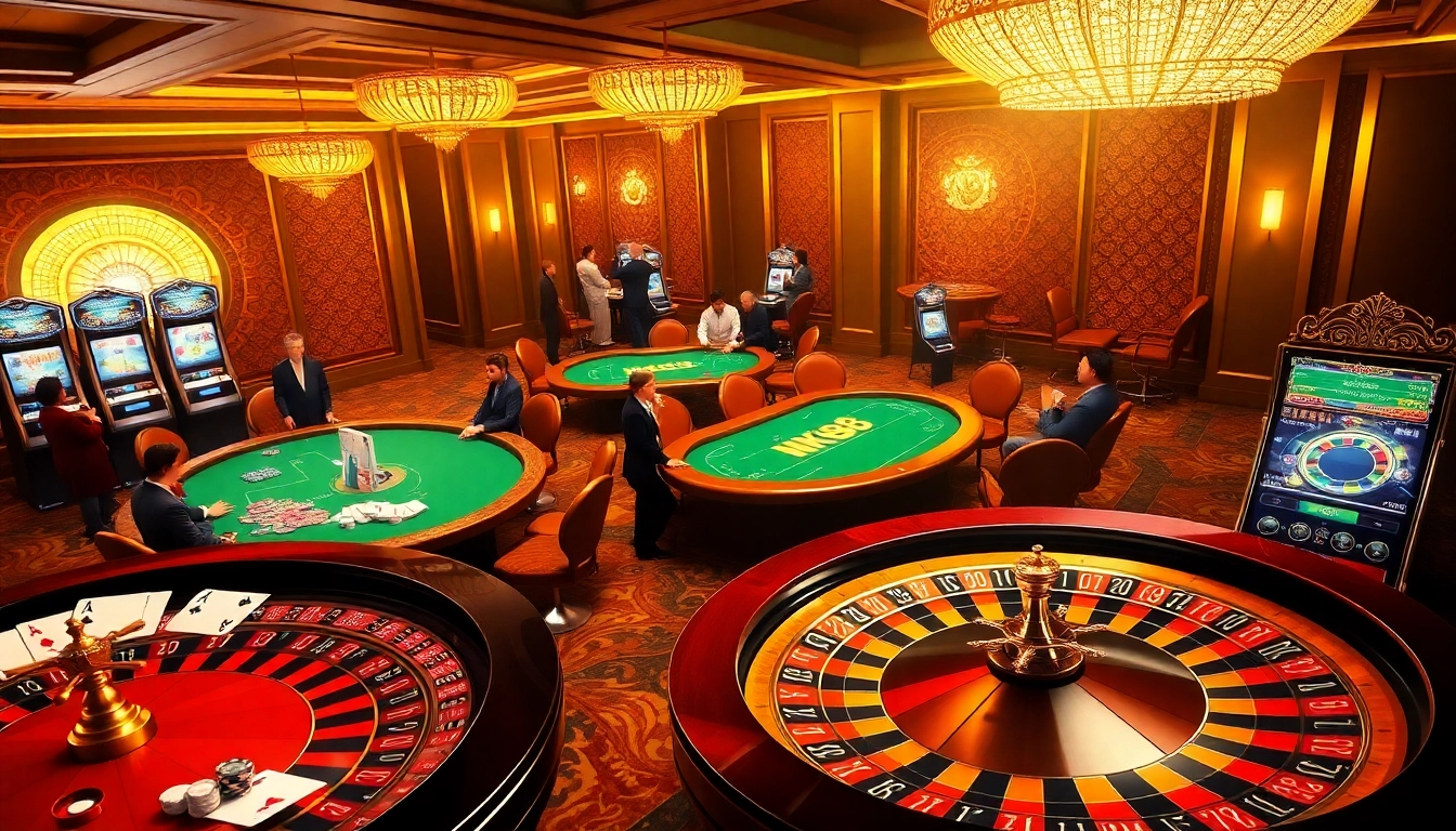 Experience the thrill of NK88 at an upscale casino with vibrant gaming tables and roulette wheels.