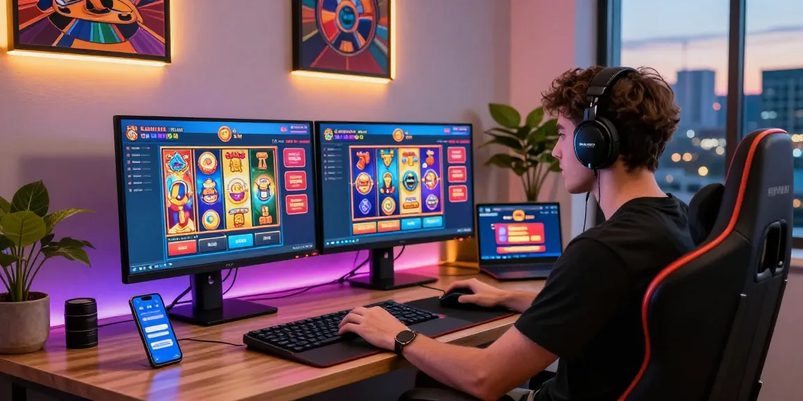 Engaging gaming scene highlighting credit card casinos UK with vibrant online slots and a modern gaming setup.