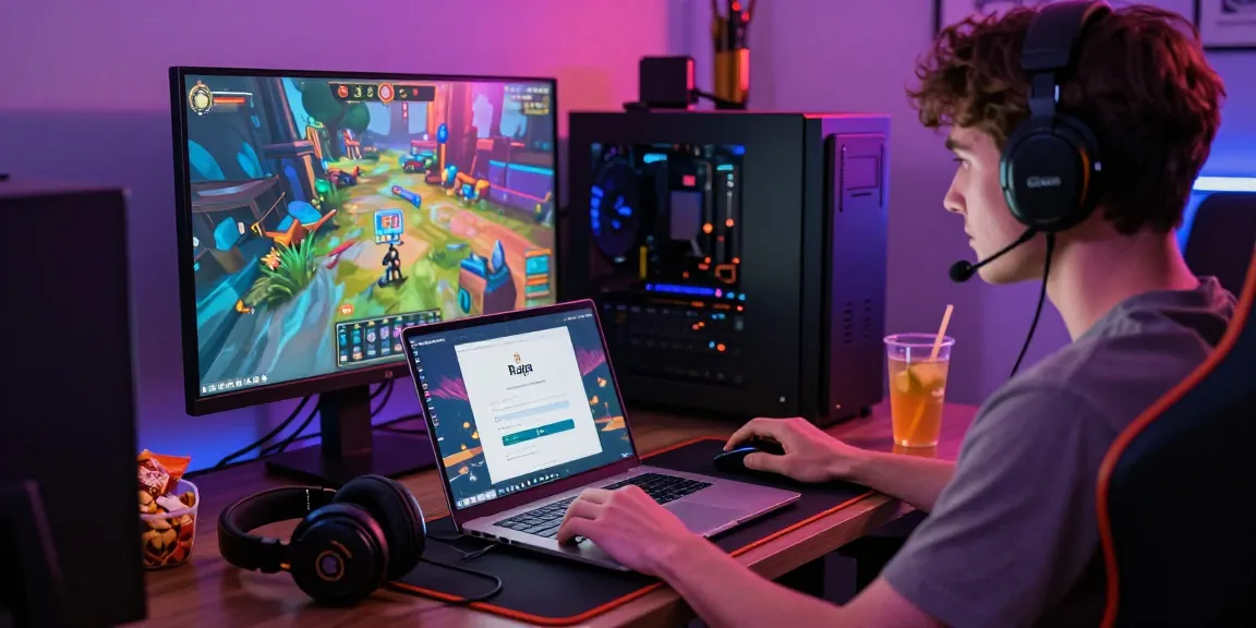 Engaged player using Raja Game login on laptop in vibrant gaming setup