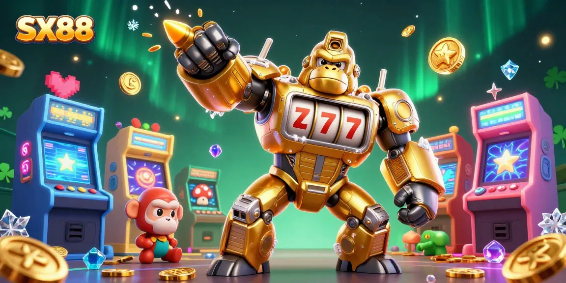 SX88 platform showcases vibrant gameplay with a dynamic golden gorilla mech and arcade elements.