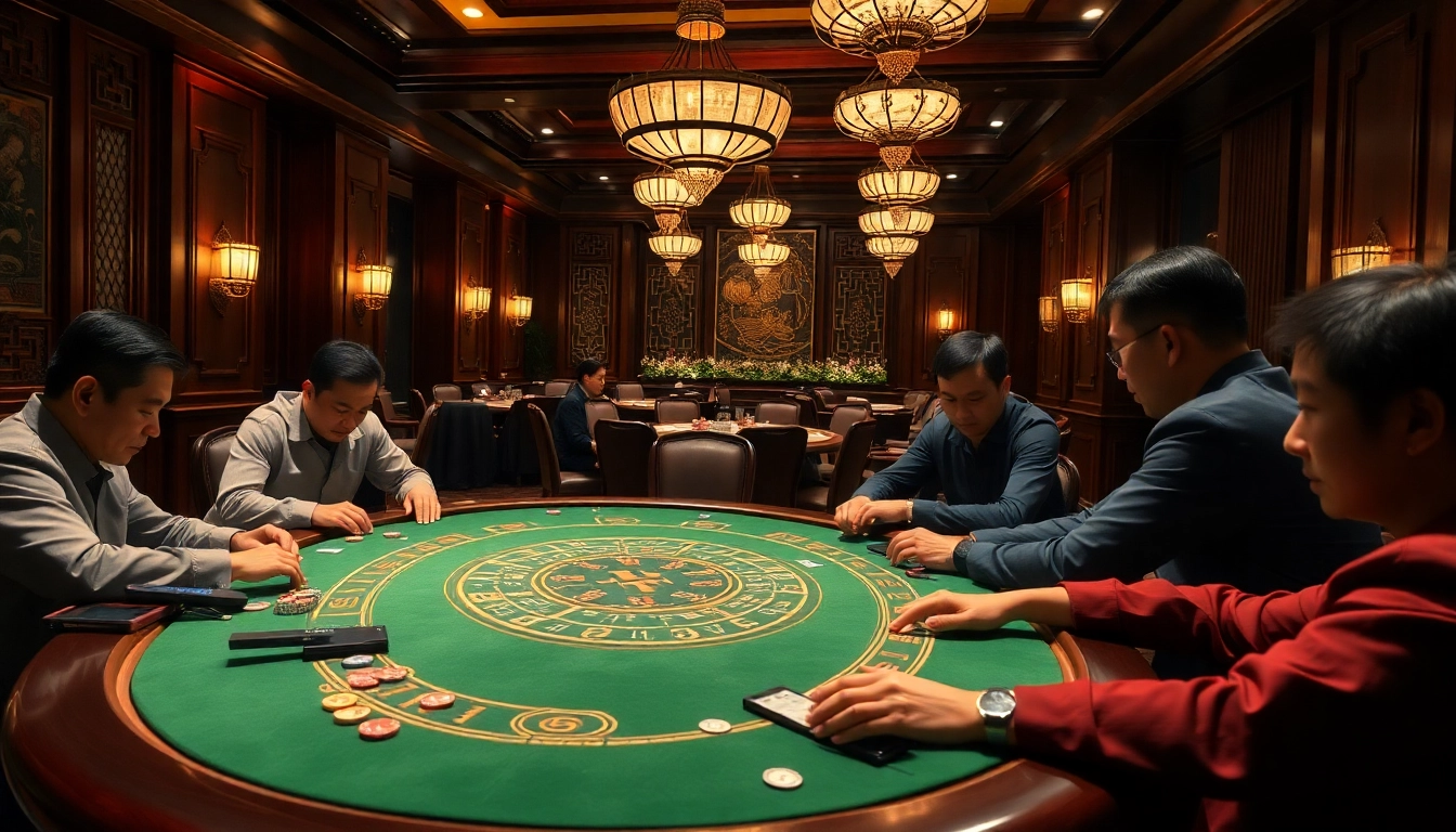 Players engaging in xóc đĩa at an elegant casino table, showcasing the game's excitement.