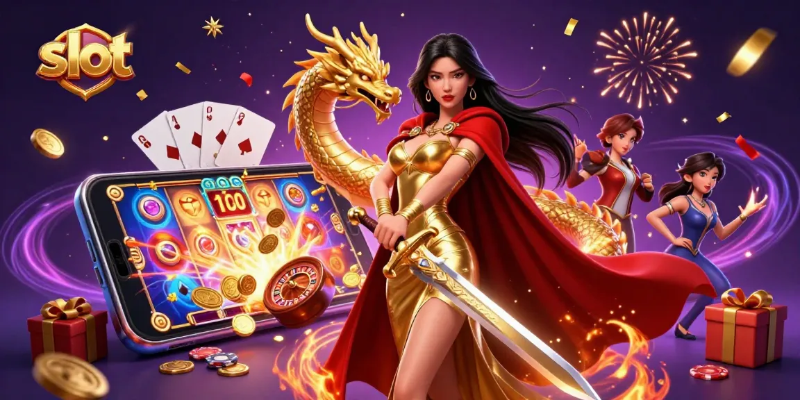 Experience exciting slot gameplay with a stunning warrior queen and golden dragon in action.