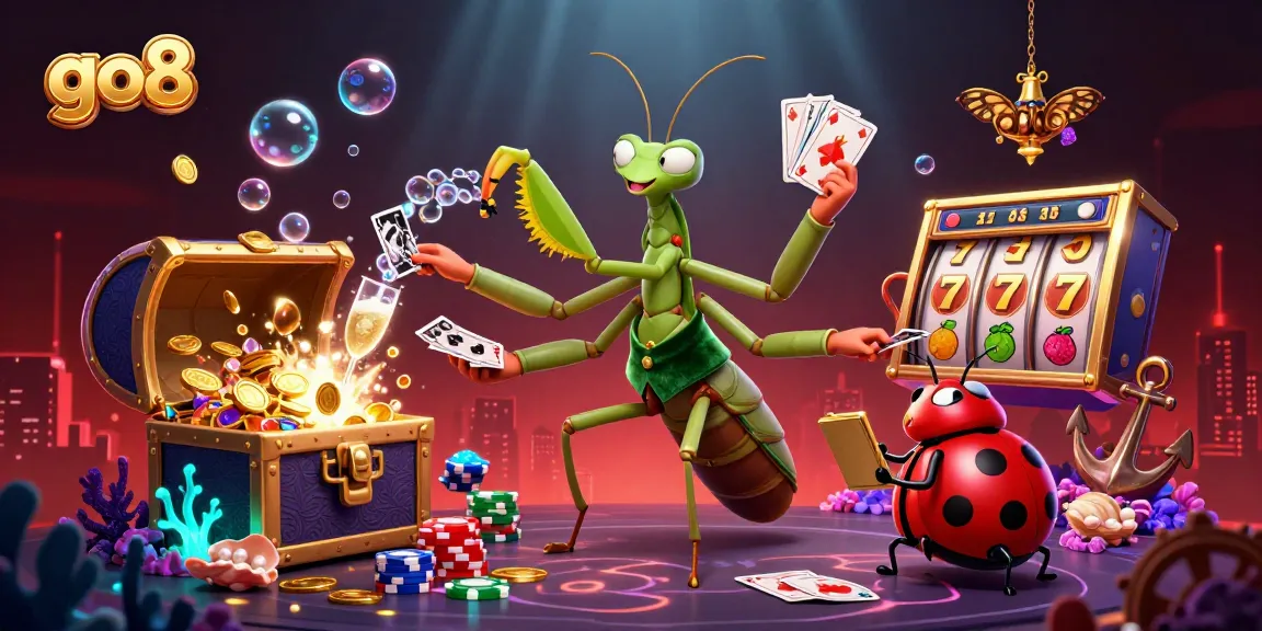 Experience thrilling gameplay at go8 with a giant mantis dealing cards and vibrant slot reels.
