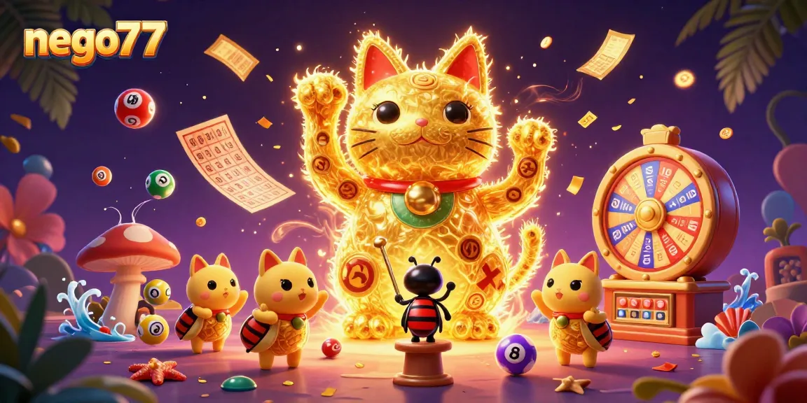 Engage with the vibrant world of nego77 featuring lively casino elements and a lucky cat.