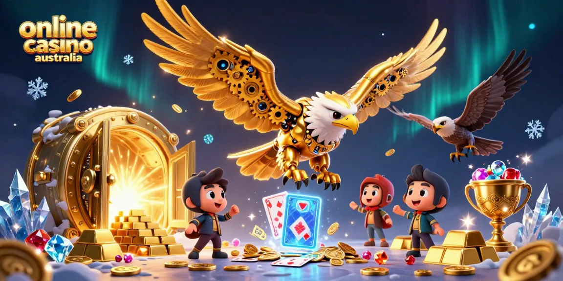 Engage with the online casino Australia scene featuring a golden eagle amidst casino treasures.
