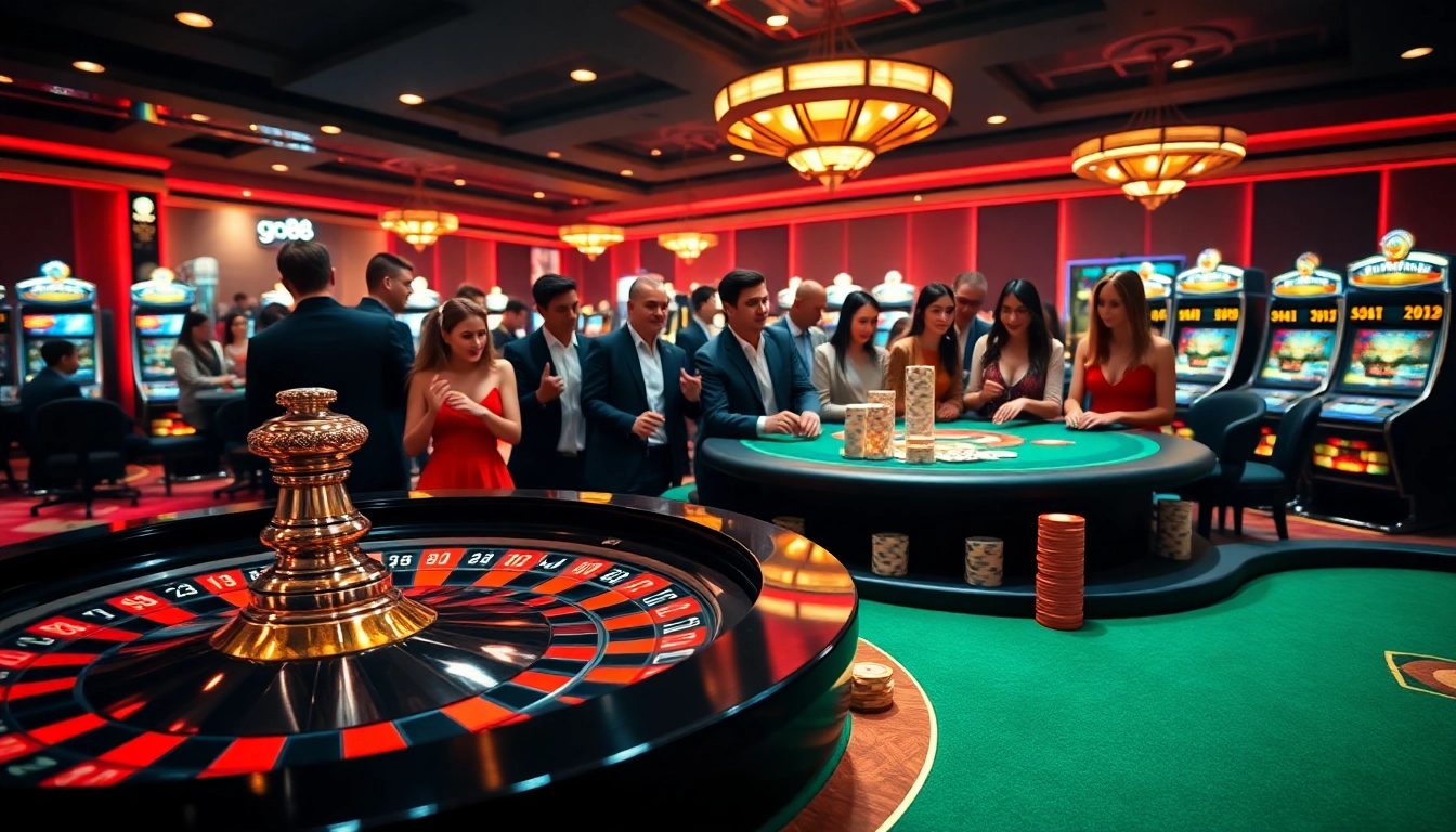 Engage with go88's thrilling casino experience featuring elegant tables and slot machines.