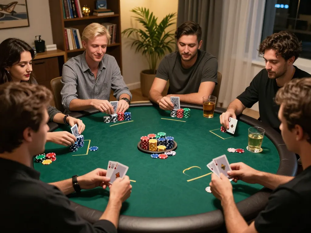 F8BET players enjoying a lively home poker night with vibrant chips and warm lighting