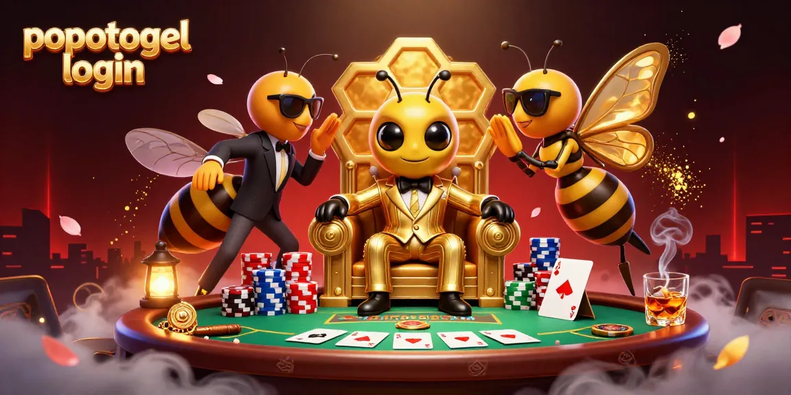 Experience the thrill of popotogel login with a dynamic 3D illustration featuring poker elements and vibrant characters.
