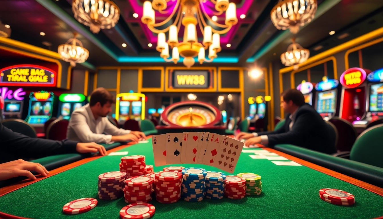 Experience the excitement of WW88 at a vibrant poker table with bright lights, chips, and cards.