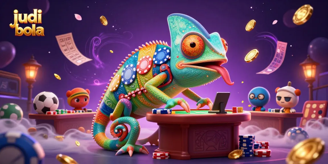 Engage with judi bola sports betting action through a vibrant chameleon character and dynamic elements.
