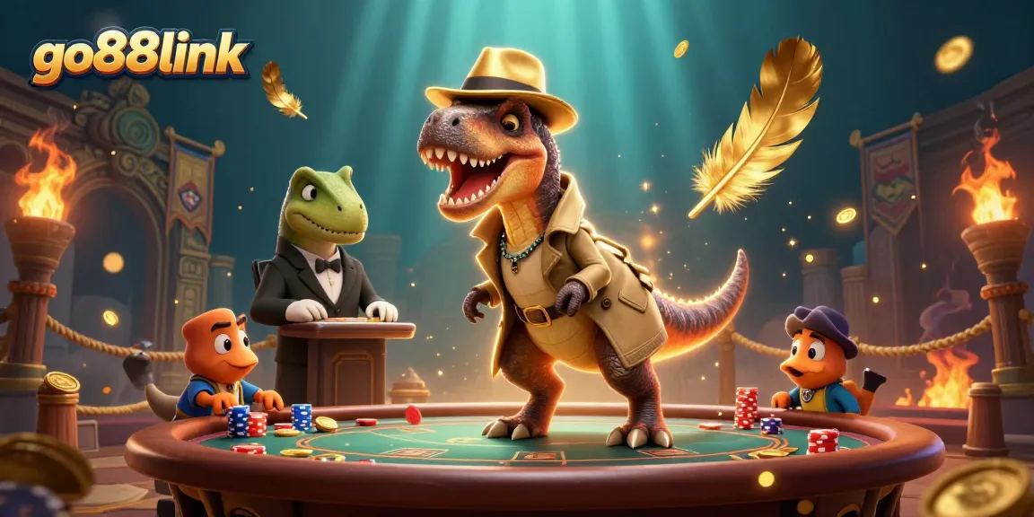 Engage with go88link's vibrant 3D casino scene featuring a velociraptor card counter at the blackjack table.