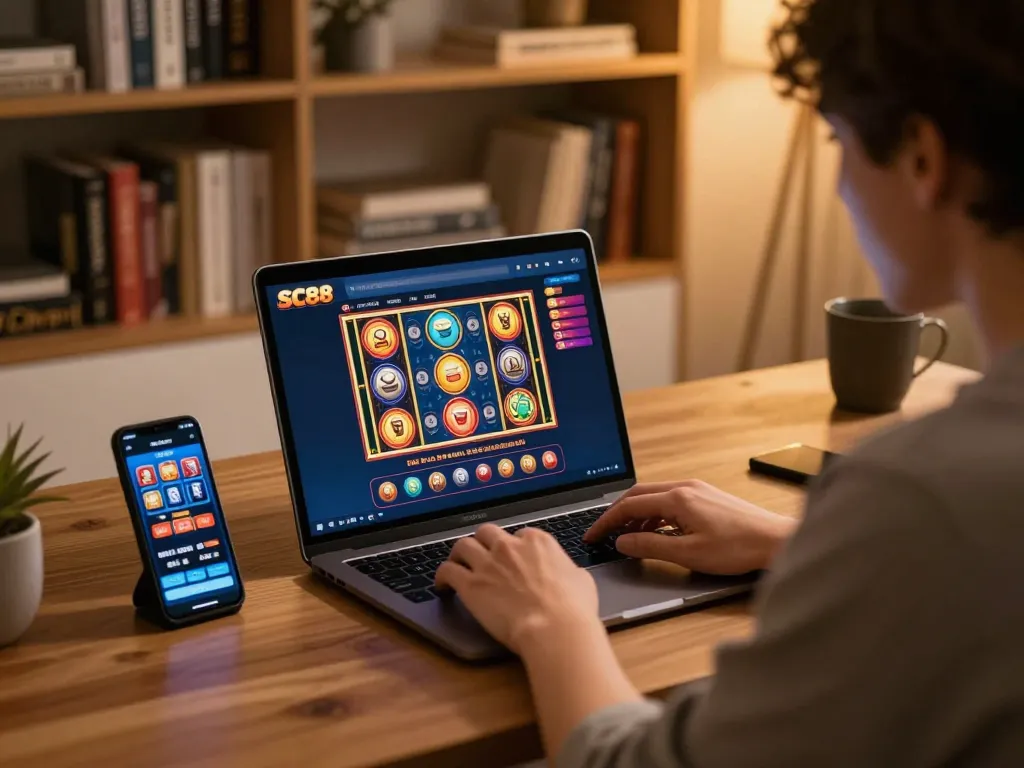 Engaging gaming session with SC88 app on laptop and smartphone for responsible gambling.