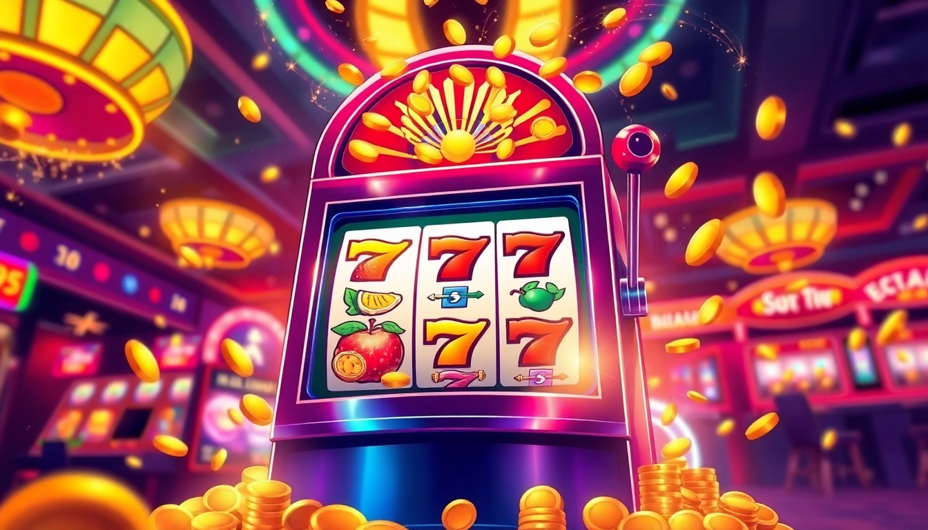 Slot gacor dengan mesin slot yang penuh warna dan koin berhamburan merayakan kemenangan.