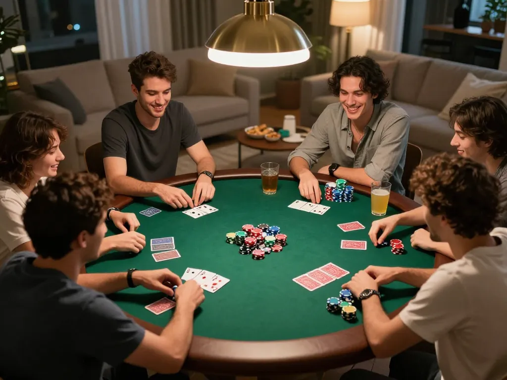 Engaging poker night with friends emphasizing 98win đăng nhập for strategic gameplay.