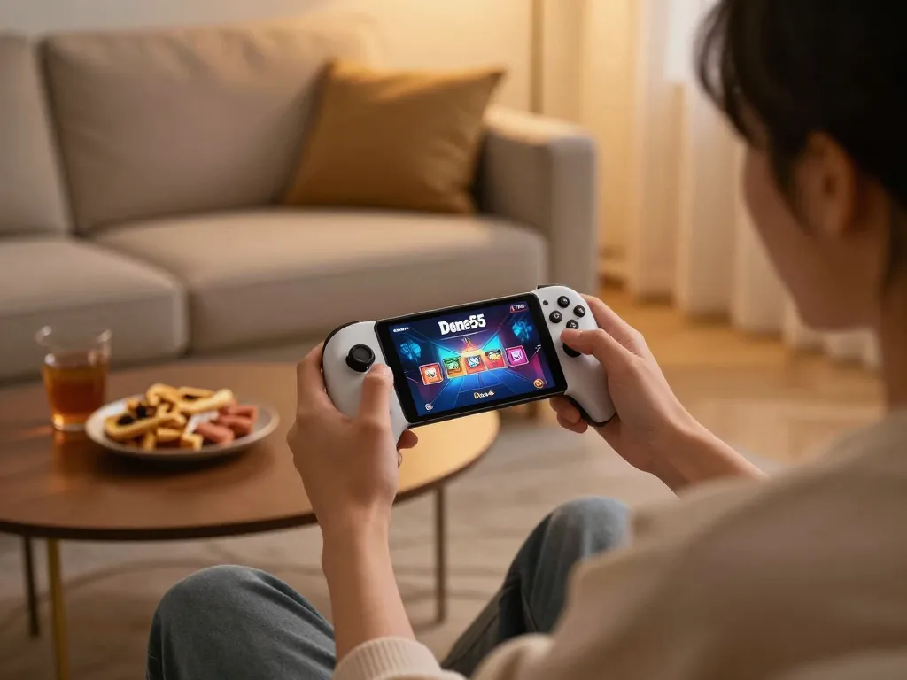 Engaging with the Done55 game on smartphone in a cozy home setup with snacks.