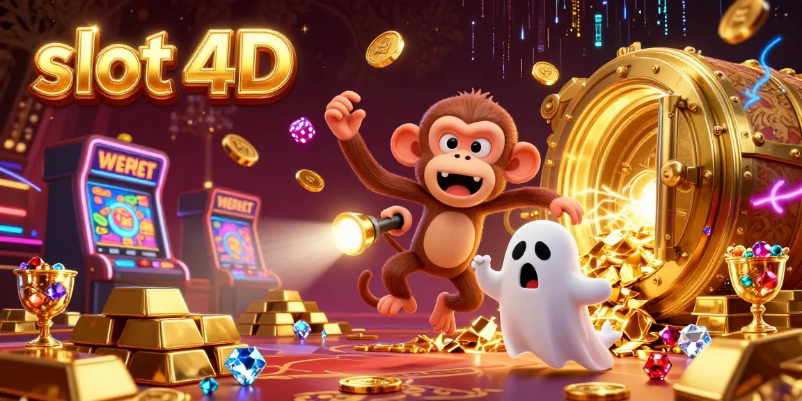 Immerse in the slot 4D action with a fun poltergeist monkey juggling coins in a vibrant casino.