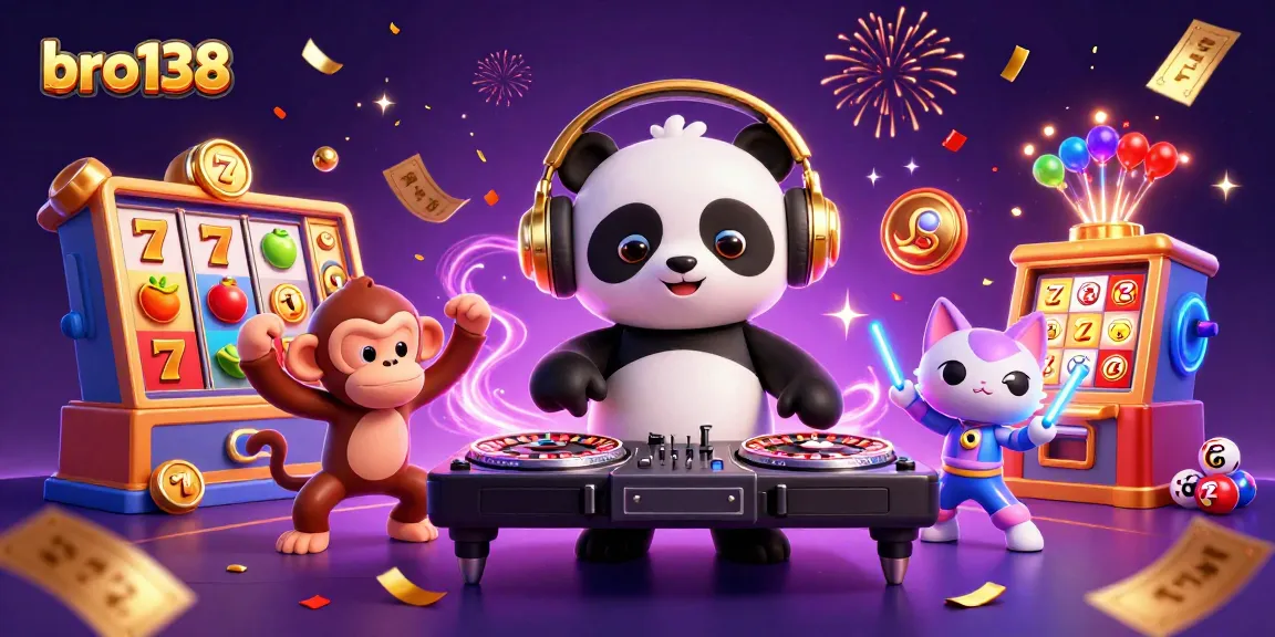 Experience the thrill of bro138 casino with an energetic scene of slot gaming and colorful characters.