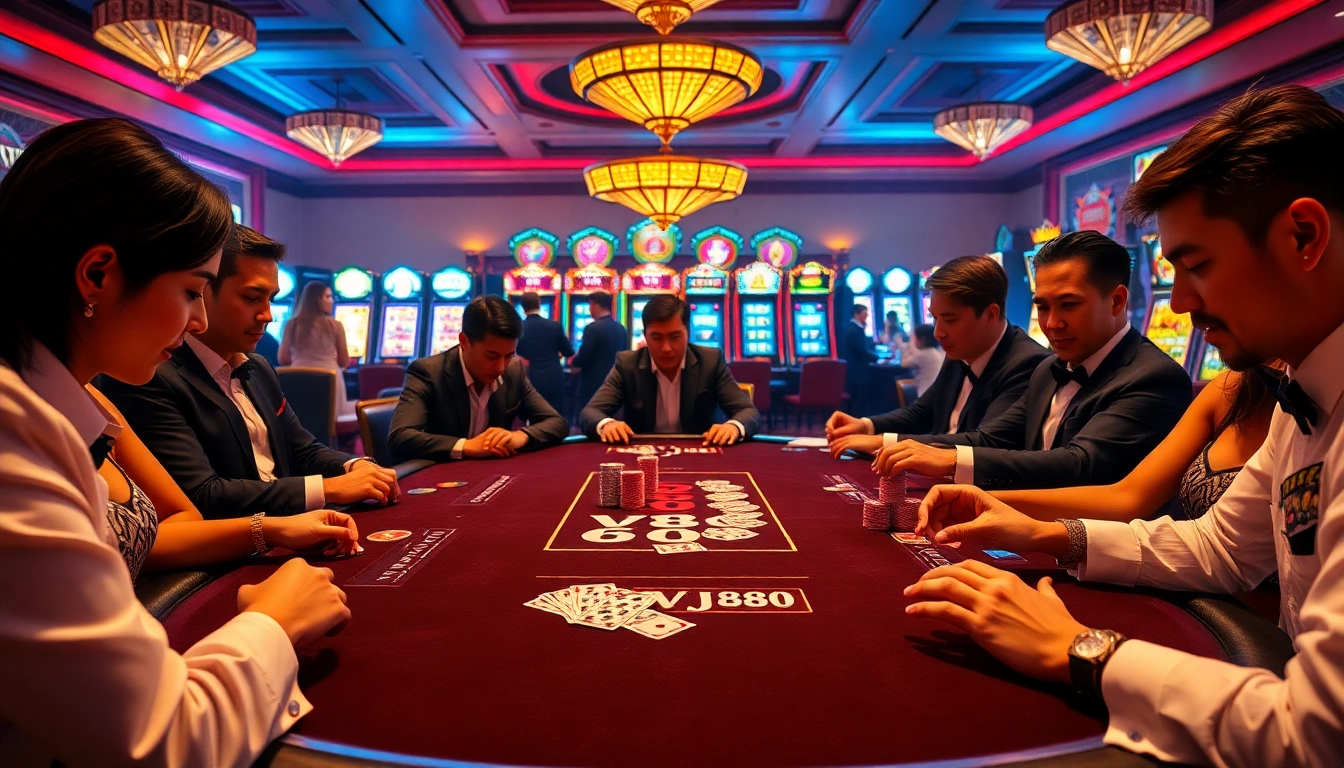 VJ88 poker players engaged in a high-stakes game at a luxury casino table.