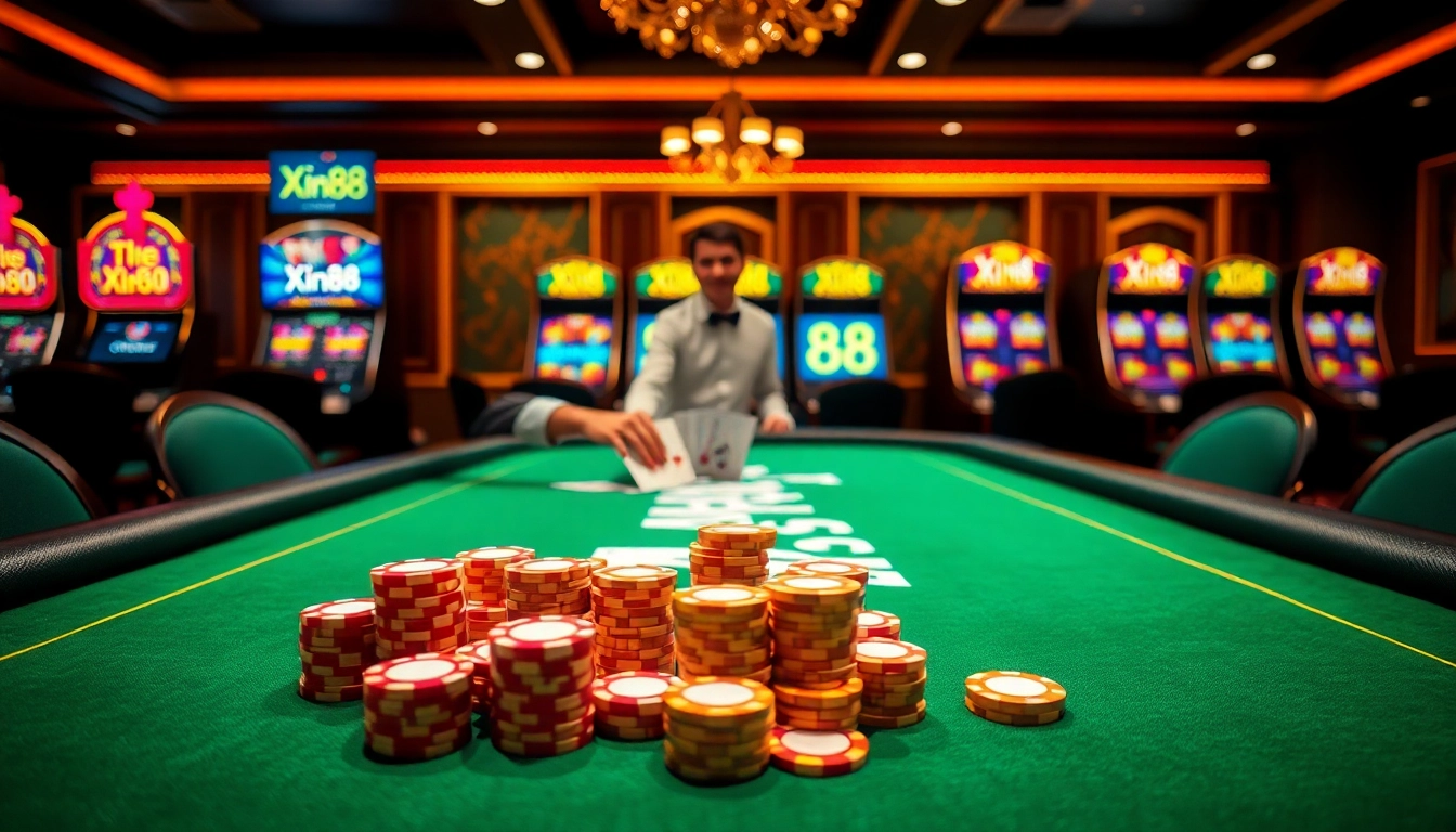 Experience the thrill of Xin88 at a luxurious casino table filled with poker chips and cards.
