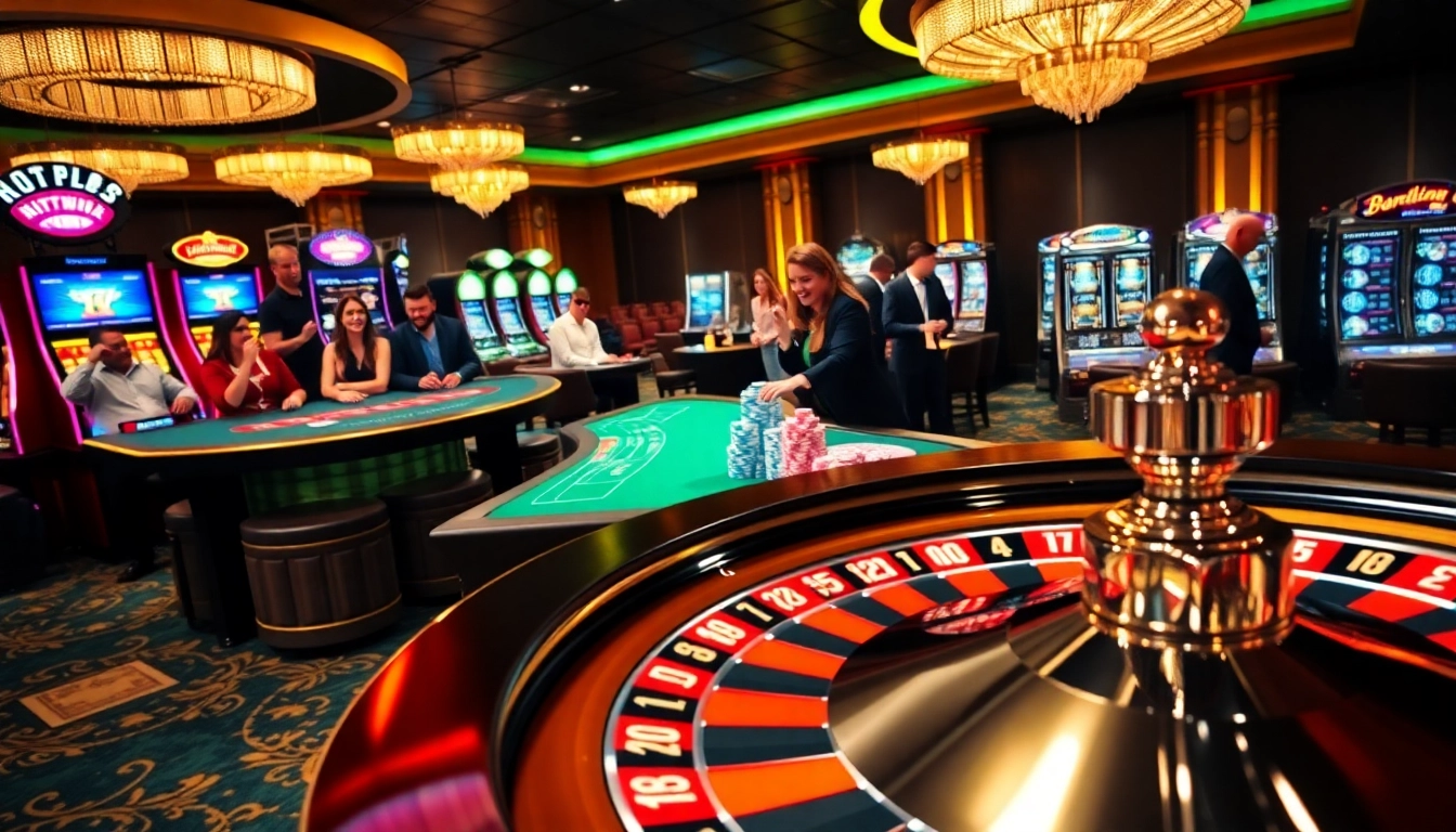 Excitement builds with players at Hitclub casino tables, roulette wheel spinning in vibrant lights.
